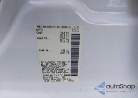 2020 Nissan Altima Sl Fwd from USA, damaged, VIN 1N4BL4EV7LC231868